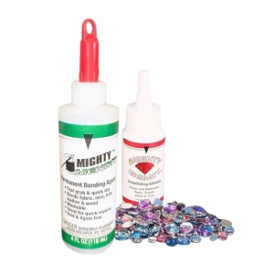 Mighty MENDIT™, Permanent Fabric Adhesive, Flexible Stretchable Washable, Clear, 4 oz, Plus Mighty GEMIT™, Embellishing Adhesive, 1 oz. Includes 50 Gems